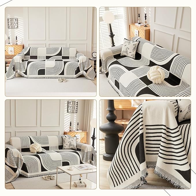 Boho Couch Cover Sofa Covers Washable, Chenille Couch Covers for 3 Cushion Couch Sofa Pet Friendly, Bohemian Sofa Slipcovers for Sectional Sofa, Loveseat, 2 3 4 Seater (71" x 150", Black)