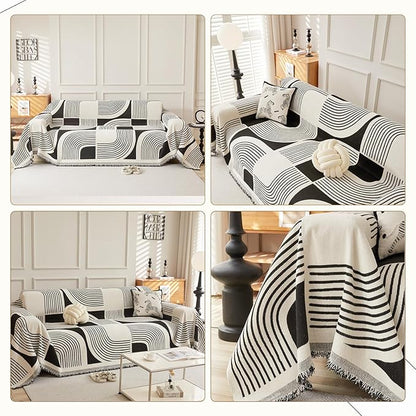 Boho Couch Cover Sofa Covers Washable, Chenille Couch Covers for 3 Cushion Couch Sofa Pet Friendly, Bohemian Sofa Slipcovers for Sectional Sofa, Loveseat, 2 3 4 Seater (91" x 150", Black)
