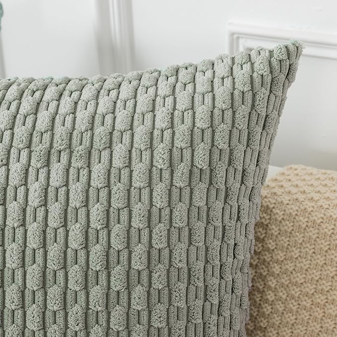Kevin Textile 14x24 Inch Pillow Cover 1 Pack Boho Decorative Soft Striped Corduroy Lumbar Farmhouse Color Accent Rectangle Cushion Case for Living Room Couch Sofa Bed, Greyish Green