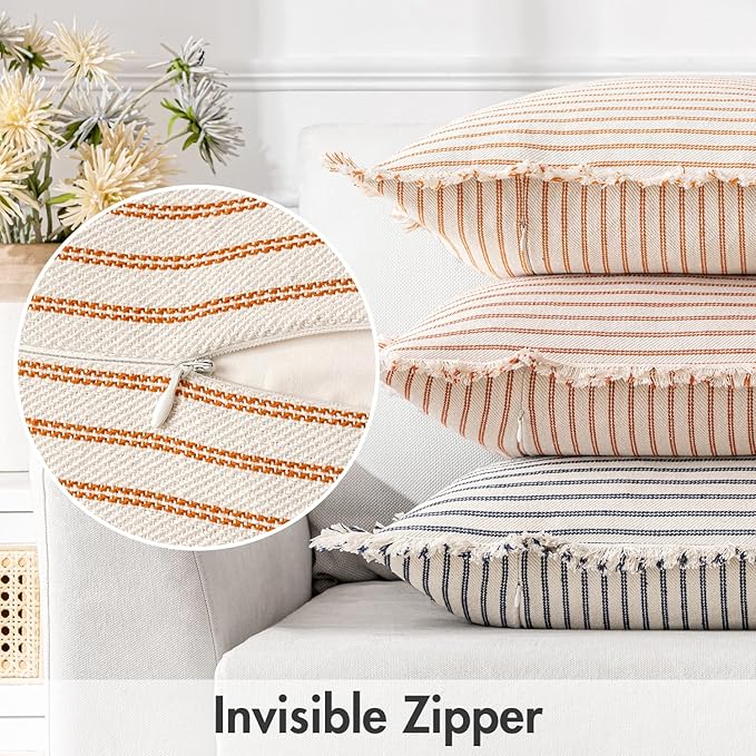MIULEE Pack of 2 Orange Throw Pillow Covers 24x24 Inch Striped Farmhouse Couch Pillowcases with Fringe Chic Linen Decorative Euro Sham Cushion Covers for Halloween Sofa Living Room Bed Home Decor