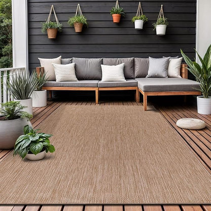 Washable Indoor Outdoor Rug 10x14 Weather Resistant Area Rugs Modern Solid Jute Rug for Porch Deck Balcony Backyard Patio Outside Carpet (10 X 14 Jute Beige)
