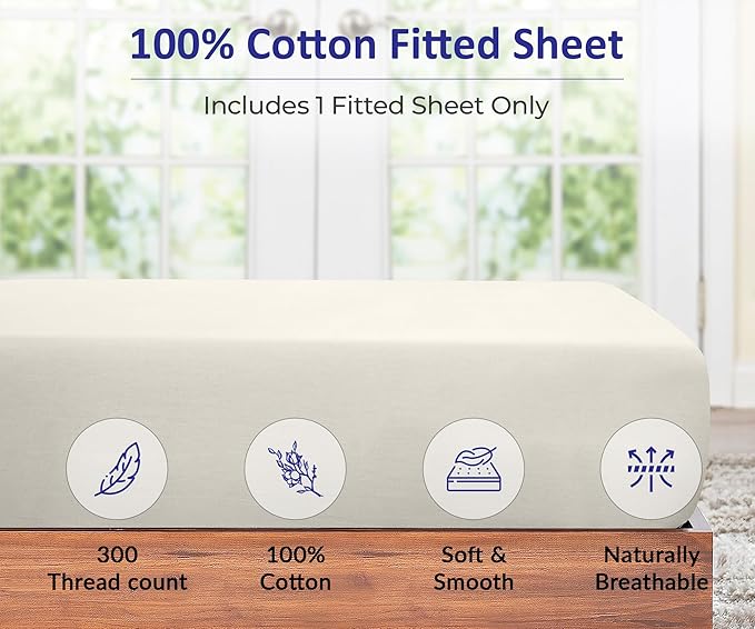 ROYALE LINENS 300 Thread Count 100% Long Staple Combed Cotton Fitted Sheet Queen - Super Soft Deep Pocket Bottom Sheet - Fitted Sheets Only - Elastic Sheets (Queen, Cream)