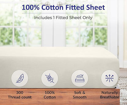 ROYALE LINENS 300 Thread Count 100% Long Staple Combed Cotton Fitted Sheet Queen - Super Soft Deep Pocket Bottom Sheet - Fitted Sheets Only - Elastic Sheets (Queen, Cream)