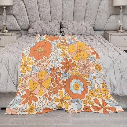 Retro 70s Floral Blanket, Hippie Summer Groovy Flower Power Flower Boho Print Throw Blanket for Couch Sofa Couch Chair 60"x80"