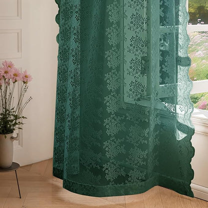 Anmao Vintage Lace Curtains 102 Inches Long 2 Panels, Romantic Semi Sheer Floral Lacy Curtain for Living Room, Elegant Window Drapes for Bedroom, Each Panel 55W x 102L, Turquoise