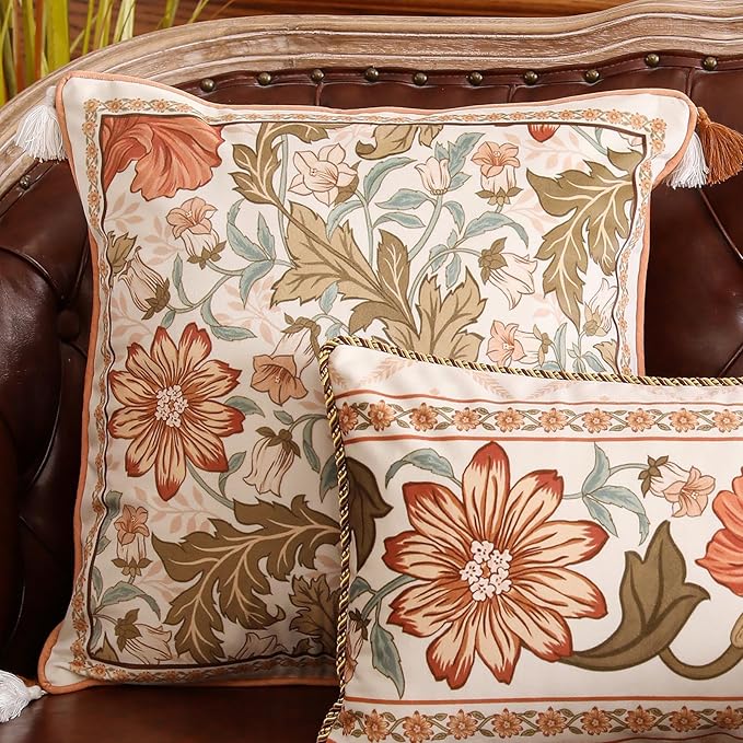 Throw Pillow Covers Pack of 2,Orange Floral Farmhouse with Wild Flowers Pattern Cozy Velvet Pillowcases,Decoration Square Pillows Cushion Covers for Couch Sofa Bed Car Chair,18"x18"
