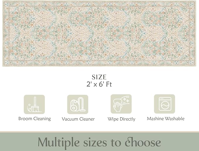 MUJOO Washable Runner Rug,Floral 2x6 Runners for Hallway Kitchen Bedroom Bedside Bathroom Laundry Room,Long Non Slip Throw Carpet Boho Indoor Neutral Vintage Ultra-Thin Light Green and Beige