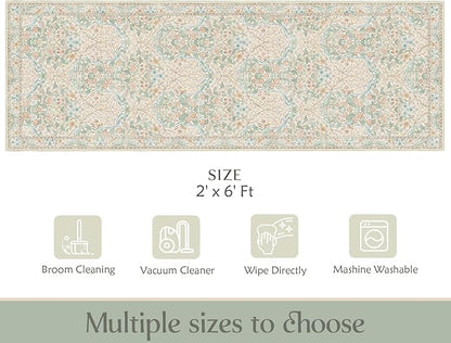 MUJOO Washable Runner Rug,Floral 2x6 Runners for Hallway Kitchen Bedroom Bedside Bathroom Laundry Room,Long Non Slip Throw Carpet Boho Indoor Neutral Vintage Ultra-Thin Light Green and Beige