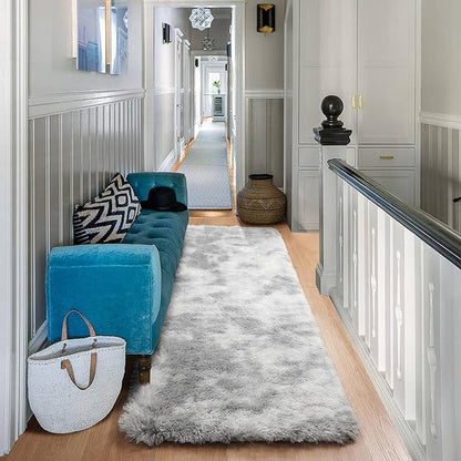 ONASAR 2x6 Runner Rugs for Bedroom Living Room, Washable Fluffy Tie-Dyed Light Grey Bedside Hallway Throw Area Rug, Ultra Soft Plush Furry Floor Carpet Mat for Nursery Kids Dorm Closet Home Decor