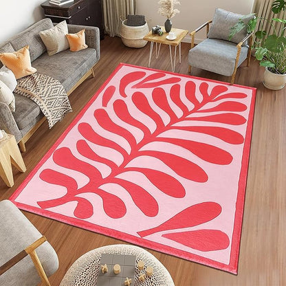 9CH Abstract Matisse Leaf Area Rug 7' X 5 Pink Retro Botanical Faux Wool Rugs Non-Slip Boho Flowers Soft Floor Carpet for Kitchen Entryway Bedroom