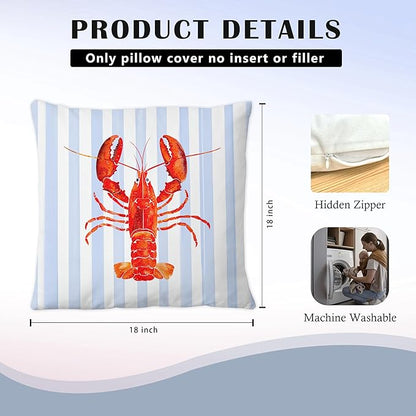 Coastal Lobster Pillow Covers, New England Nautical Red Lobster Blue White Stripes Throw Pillow Covers for Beach House Summer Home, Preppy Beach Room Decor, Easter Coast Seafood Decor