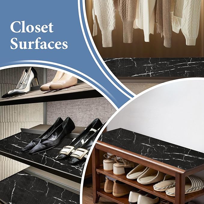 Drawer and Shelf Liner for Kitchen Cabinet: 17 in X 20 Ft Non Slip Waterproof Shelf Paper Non Adhesive Refrigerator Liners Black Marble Easy Liners for Bathroom with Knife Tape Measure