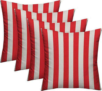 RSH DECOR: Square Throw Pillows Set of 4 | 17” x 17” | All-Weather Spun Fabric | Water and Fade-Resistant | Outdoor Accent Pillows for Patio Furniture | Red & White Stripe