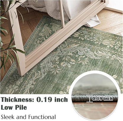 jinchan Hallway Runner Rug 2x8 Vintage Floral Distressed Design - Machine Washable Non-Slip Low-Pile Soft Thin Faux Wool Kitchen Christmas Carpet for Farmhouse Bedroom Laundry Room(2x8ft, Dark Green)