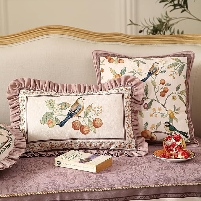 Pink Rectangle Farmhouse Throw Pillow Covers,Birds and Flowers Pattern Cozy Velvet Pillowcases,Decoration Lumbar Pillows Cushion Covers for Couch Sofa Bed Car Chair,12"x20"