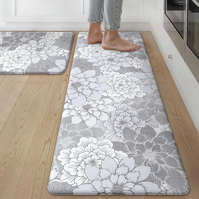 GENIMO Kitchen Mats for Floor, Kitchen Rugs Non Slip Washable Sets of 2, Waterproof Cushioned Anti Fatigue Mat, Floral Runner Rug for Laundry, Sink, Office, Home, 17.3"x59"+17.3"x30", Lavender Grey