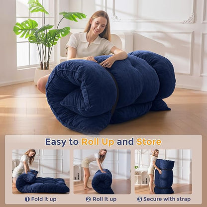 MAXYOYO Japanese Floor Mattress Full Size, 6" Foldable Futon Mattress Tufted Roll Up Floor Bed, Thick Chenille Tatami Mat Sleeping Pad for Camping Guest Room Dormitory Bedroom RV, Navy