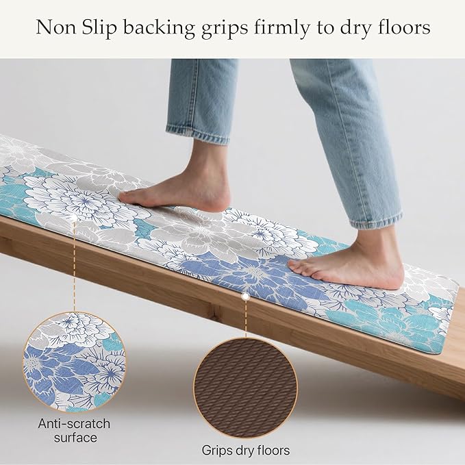 GENIMO Kitchen Mats for Floor, Kitchen Rugs Non Slip Washable Sets of 2, Waterproof Cushioned Anti Fatigue Mat, Floral Runner Rug for Laundry, Sink, Office, Home, 20"x32"+20"x48", Sky Blue