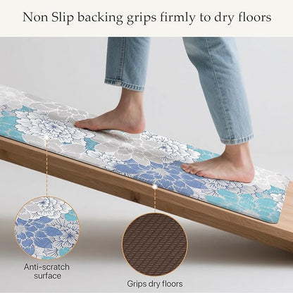 GENIMO Kitchen Mats for Floor, Kitchen Rugs Non Slip Washable Sets of 2, Waterproof Cushioned Anti Fatigue Mat, Floral Runner Rug for Laundry, Sink, Office, Home, 20"x32"+20"x48", Sky Blue