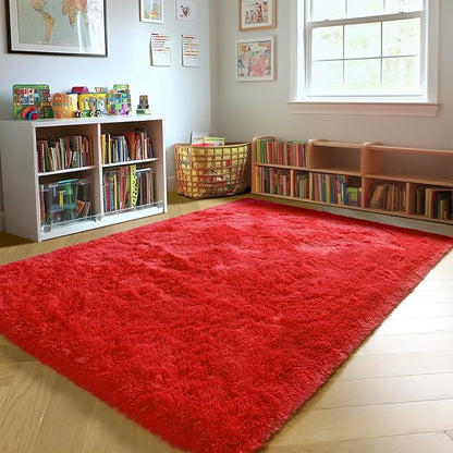 ONASAR Red Area Rugs for Bedroom Living Room, Washable Fluffy 4x6 Indoor Bedside Floor Throw Rug, Soft Plush Shaggy Carpet for Nursery Kids Girls Boys Teen Dorm Home Office Decor Aesthetic