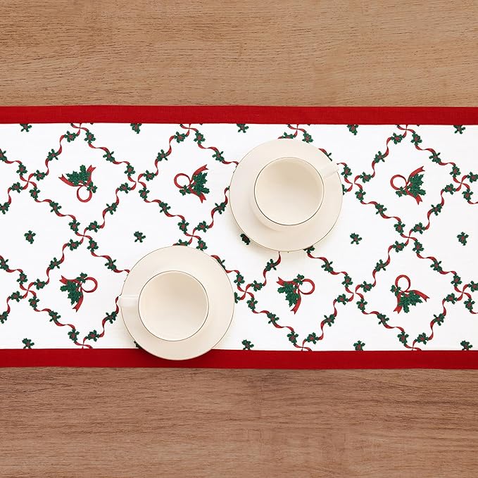 Solino Home 100% Pure Linen Christmas Table Runner 120 Inches Long - Red and Green Table Runner 14 x 120 Inch - Handcrafted and Machine Washable - Holly Ribbon Print
