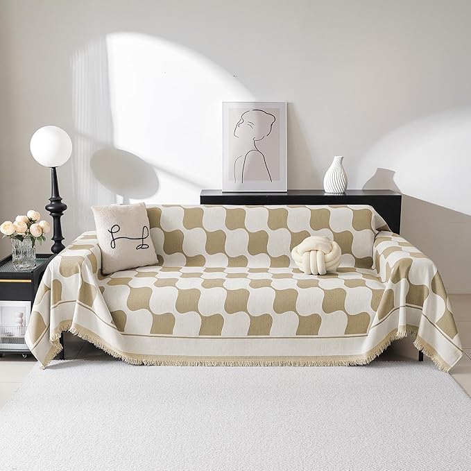 MEETSKY Couch Covers for Cushion Couch Sofa Recliner Couch Cover Loveseat Sofa Cover Sofa Slipcovers Washable Thick Couch Protector for Pets,Kids, 71" x 102", Khaki Checkerboard