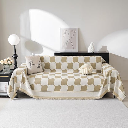 MEETSKY Couch Cover Modern Khaki White Plaid Jacquard Sofa Slipcover U Shape Sofa Protector for 3 Cushion Couch Sofa, Chenille Sofa Couch Coverfor Dogs Kids, 91" X134", Khaki Checkerboard