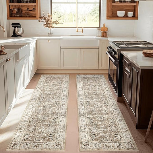 jinchan Fiora Runner Rug 3x10-2pcs Kitchen Washable Vintage Hallway Rug Floral Print Floor Cover Indoor Thin Retro Mat Accent for Bathroom Laundry Room Bedroom Office Farmhouse (Double, Taupe)