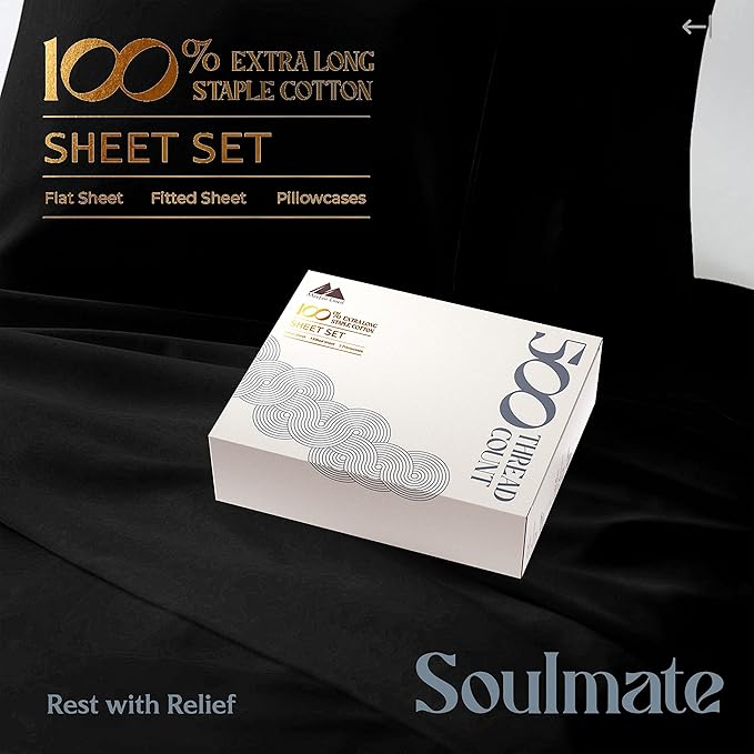 Mayfair Linen 500 Thread Count Full Cotton Sheets - 4 PC Full Size Bed Sheet Set Cotton (Black), Soft, Cooling, Sateen Hotel-Quality 16" Deep Pocket Bedsheet for Hot Sleepers (Fits 18" Mattress)
