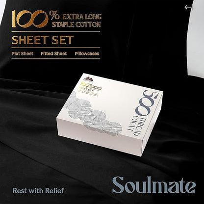 Mayfair Linen 500 Thread Count Twin XL Cotton Sheets - 3 PC Twin XL Size Bed Sheet Set Cotton (Black), Soft, Cooling, Sateen Hotel-Quality 16" Deep Pocket Bedsheet for Hot Sleepers (Fits 18" Mattress)