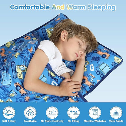 Viviland Toddler Kid Nap Mat for Preschool, Boys Blue Car Slumber Bag, Daycare Sleeping Bag with Pillow and Blanket, Kindergarten Sleep Mat