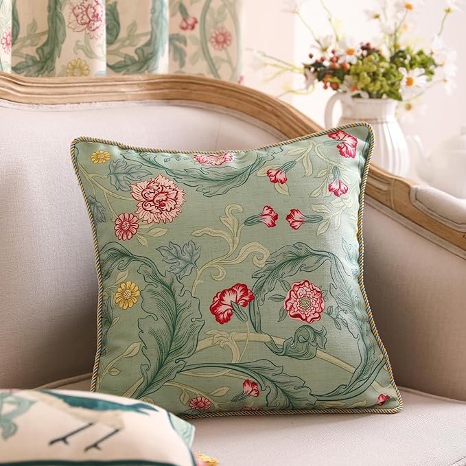 patdrea Designer Square Throw Pillow Covers,Farmhouse Linen with Green Floral Pattern Pillows Cover,Decorative Pillowcases Cushion for Bed Living Room Outdoor Car,18"x18"