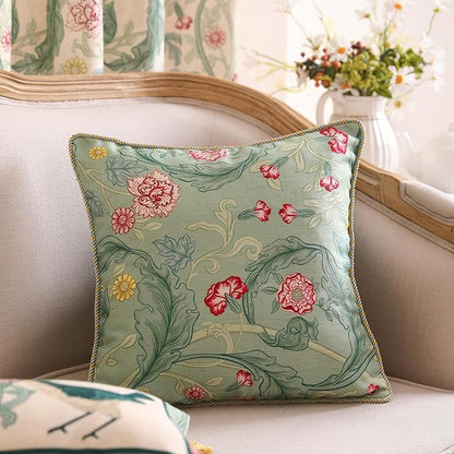 patdrea Designer Square Throw Pillow Covers,Farmhouse Linen with Green Floral Pattern Pillows Cover,Decorative Pillowcases Cushion for Bed Living Room Outdoor Car,18"x18"