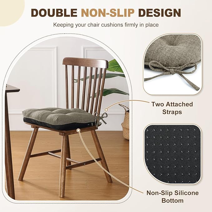 downluxe Indoor Chair Cushions for Dining Chairs, Tufted Overstuffed Textured Memory Foam Kitchen Chair Pads with Ties and Non-Slip Backing, 15.5" x 15.5" x 4", Khaki, 4 Pack