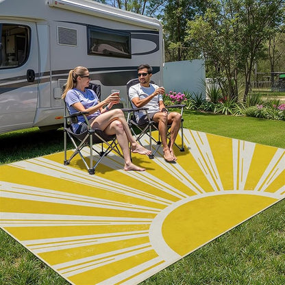 Outdoor Indoor Area Rug Boho Sun Washable Outdoor Patio Rugs Medieval Aesthetic Vintage Abstract Art Non-Slip Carpet for Living Room, Patio, Porch, Pool Deck (5x8)