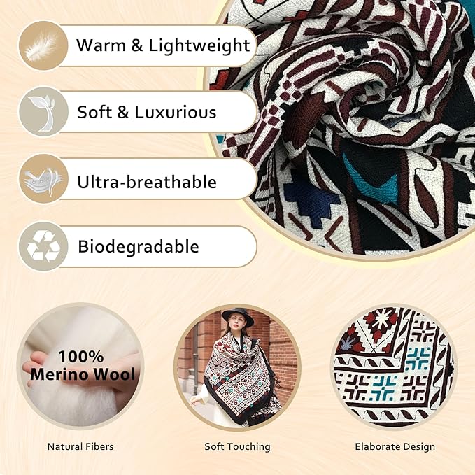 DANA XU 100% Merino Wool Extra Large Pashmina Blanket Travel Scarf Cashmere Wrap for Women Fall Winter Oversize Shawl Floral