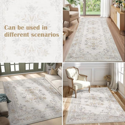 jinchan Hallway Runner Rug 2x10 Vintage Floral Distressed Design - Machine Washable Non-Slip Low-Pile Soft Thin Faux Wool Kitchen Carpet for Farmhouse Bedroom Laundry Room(2x10ft, Light Grey)