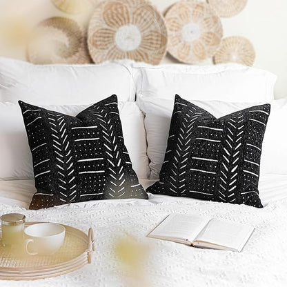 BlissBlush Black Decorative Throw Pillow Covers 18X18, Set of 2, Boho Farmhouse Cushion Cover, Cozy Soft Accent Pillowcase for Couch Sofa Bed Living Room Home Décor