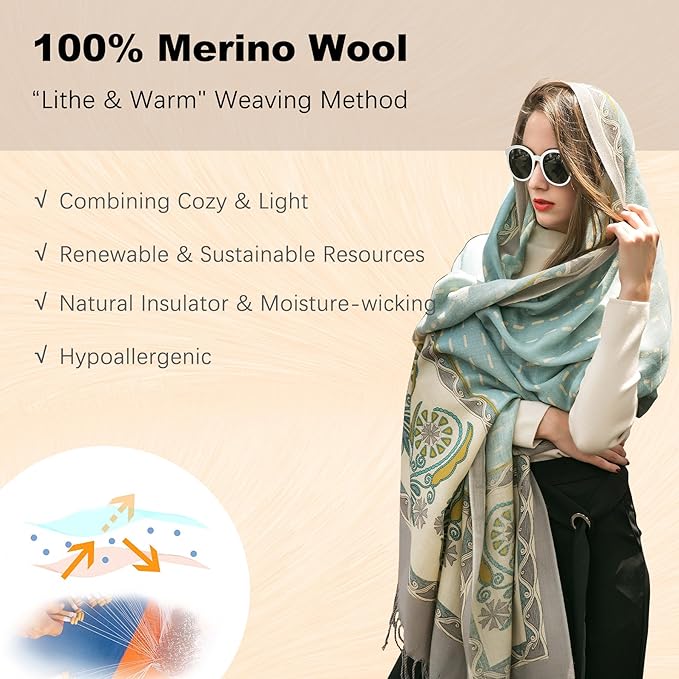 DANA XU 100% Merino Wool Pashmina Shawl for Women 96"x43", Oversized Cashmere Wrap with Tassels, Floral Travel Blanket Cape