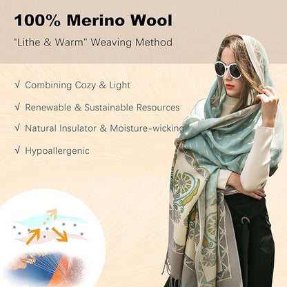 DANA XU 100% Merino Wool Pashmina Shawl for Women 96"x43", Oversized Cashmere Wrap with Tassels, Floral Travel Blanket Cape