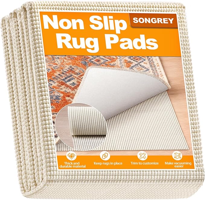 Songrey Non-Slip Rug Pad 6x9 FT, Extra Thick Carpet Pads for Hard Surfaces, Prevents Sliding and Secures Rugs, Provides Floor Protection with Comfort Cushioning