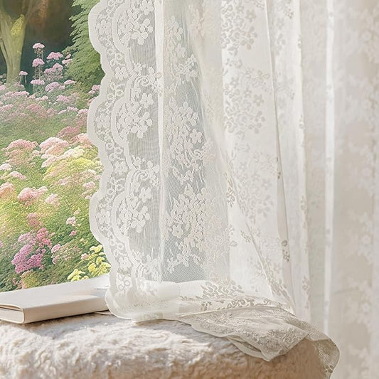 Anmao Vintage Lace Curtains 45 Inches Long 2 Panels Set, Romantic Elegant Light Filtering Semi Sheer Floral Thick Lacy Curtain Drapes for Living Room and Bedroom, Each Panel 55W x 45L, Beige Plum