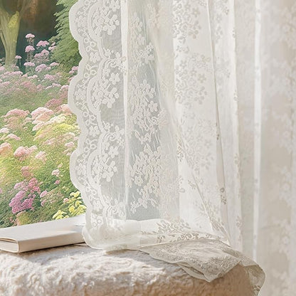Anmao Vintage Lace Curtains 63 Inches Long 2 Panels Set, Romantic Elegant Light Filtering Semi Sheer Floral Thick Lacy Curtain Drapes for Living Room and Bedroom, Each Panel 55W x 63L, Beige Plum