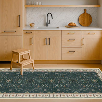 Dark Green 2x6 Kitchen Rug - Modern Vintage Boho Eclectic Floral with Brown Accent, Washable Low Pile Non-Slip Runner Rugs for Bathroom, Door Mat Indoor Entrance, Hallway, Bedroom, Laundry