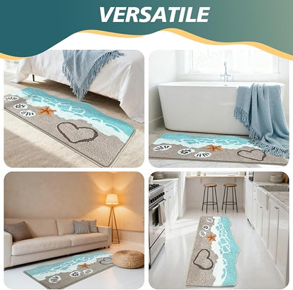 Beach Bathroom Rugs Soft Absorbent Ocean Wave Bath Mat with Non-Slip Backing Coastal Decor for Bathroom Kitchen Entryway, Blue Sea Design with Starfish Shells Pattern Bath Decor(C, 28"x59")