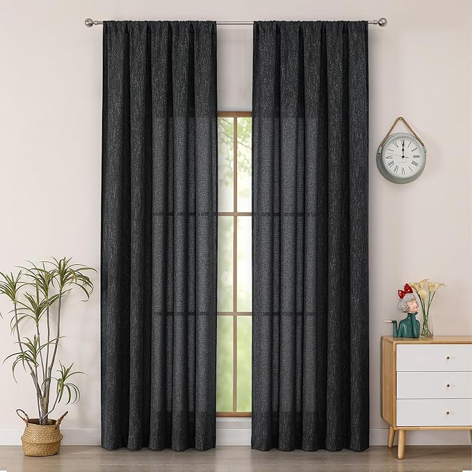Simplebrand Black Faux Linen Textured Semi Sheer Curtains 96 Inches Long 2 Panels Set, Light Filtering Soft Thick Farmhouse Curtains Window Treatment for Bedroom/Living Room/Dining Room, 50 x 96 Inch