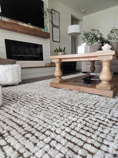 Hauteloom Keita Contemporary Mosaic Area Rug - High Pile Fluffy Soft Shag Carpet for Living Room, Bedroom - Cream, Brown - 18" x 18" Sample