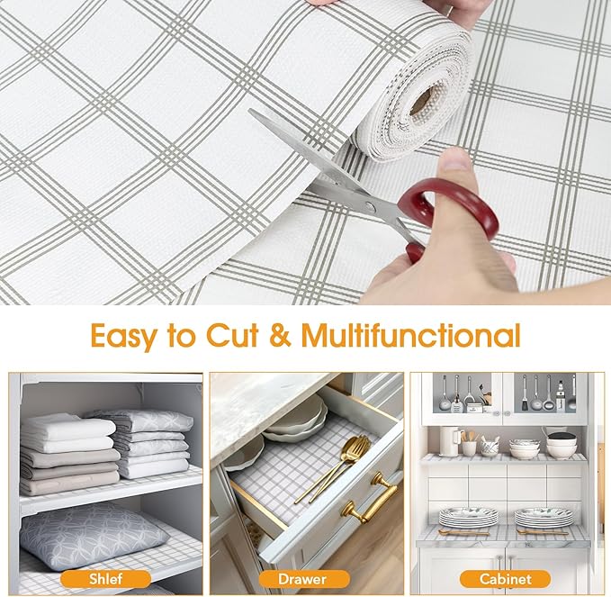 Shelf and Drawer Liner for Kitchen Cabinets Non-Adhesive, Strong Grip Non-Slip Thickened Cabinet Liners for Shelves, Waterproof Mats for Dresser Cupboard, White Square, 17 in x 10 Feet