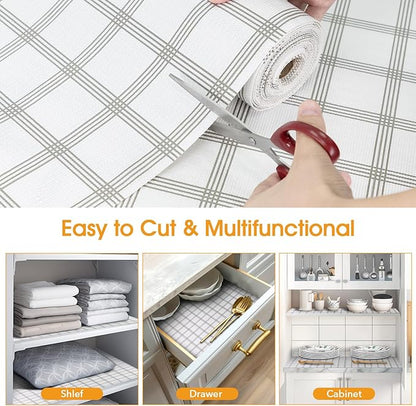 Shelf and Drawer Liner for Kitchen Cabinets Non-Adhesive, Strong Grip Non-Slip Thickened Cabinet Liners for Shelves, Waterproof Mats for Dresser Cupboard, White Square, 17 in x 30 Feet