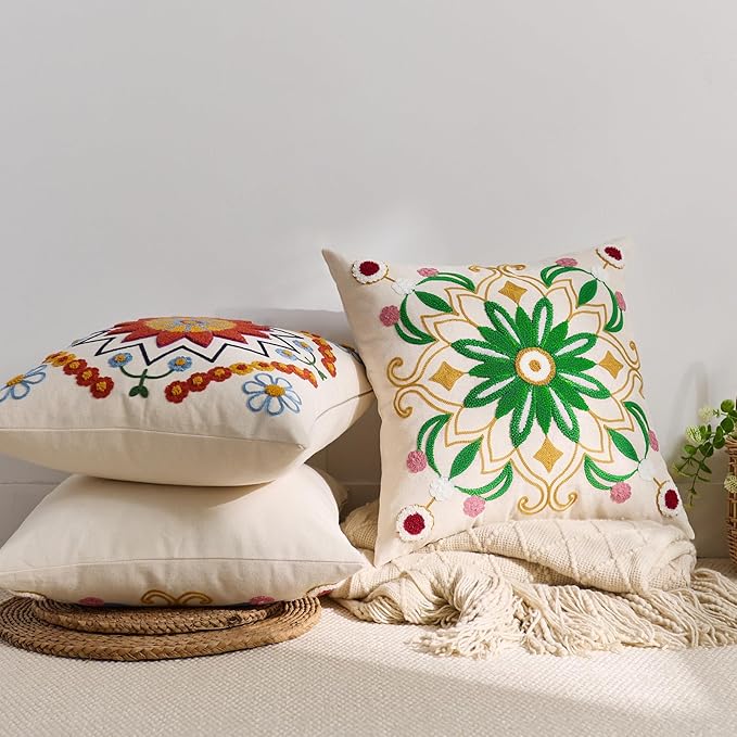Embroidered Throw Pillow Cover 22x22 Classic Boho Floral Pattern Pillows Cover Outdoor Decorative Pillowcase,Durable Cozy Textured Cushion Case for Sofa Couch Bed Living Room,Green Yellow